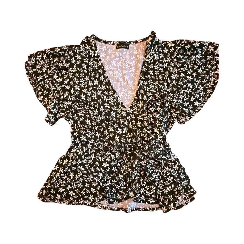Zenobia Black & White Floral Wrap Blouse – 1XL - Picture 4 of 14